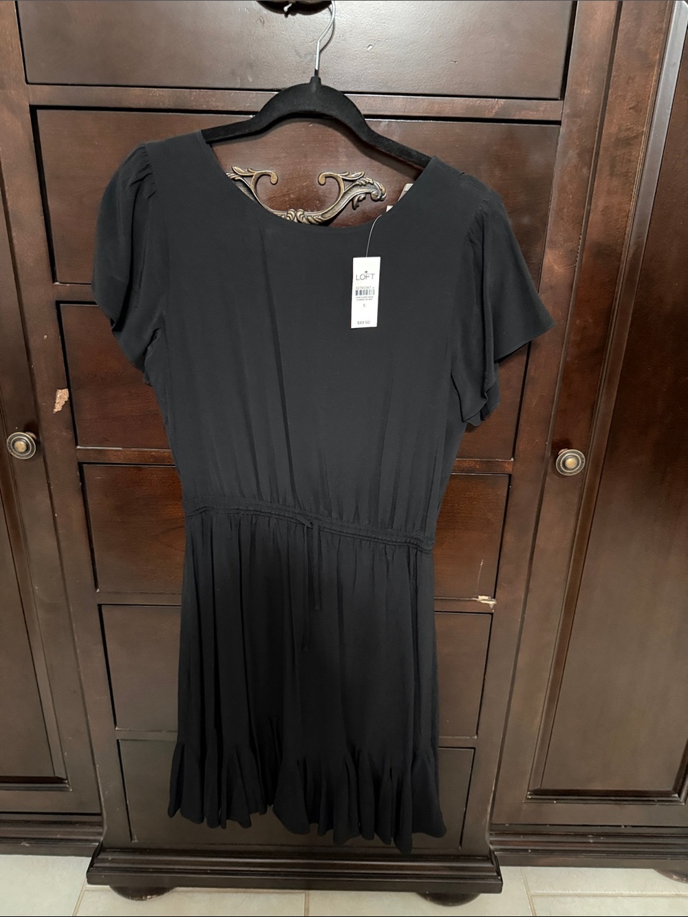 LOFT Black Short-Sleeve Ruffle-Hem Mini Dress
